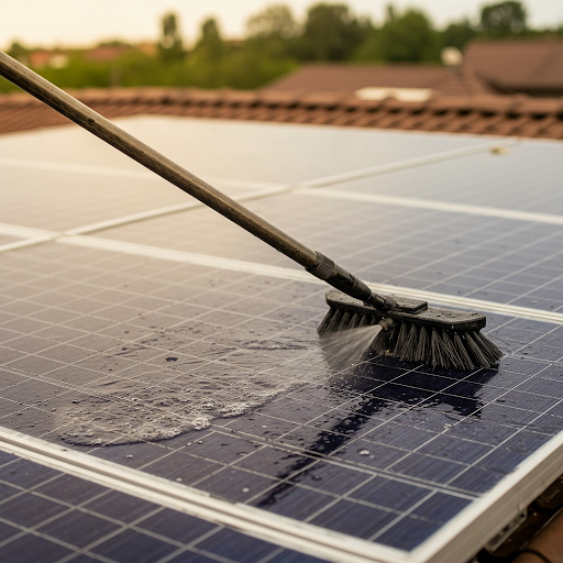 Brosse montée sur une perche télescopique nettoyant des panneaux solaires